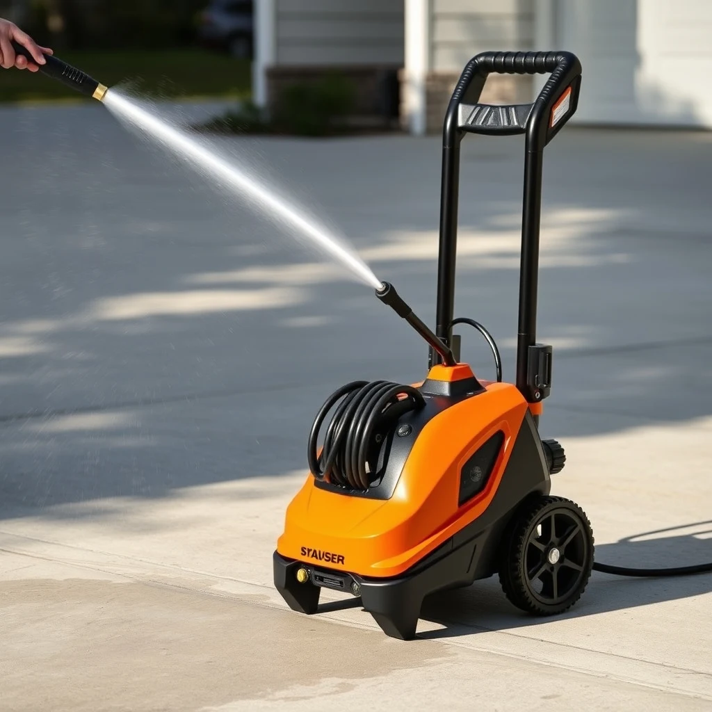 Electric pressure washer cleaning a concrete driveway with spray wand, product photograph