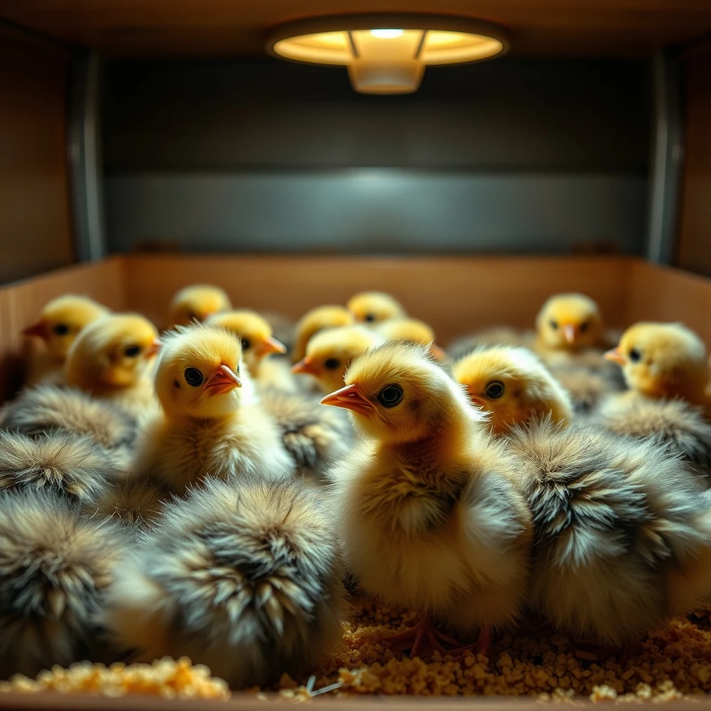 Coturnix quail chicks in a brooder box with heat lamp, close-up product photography
