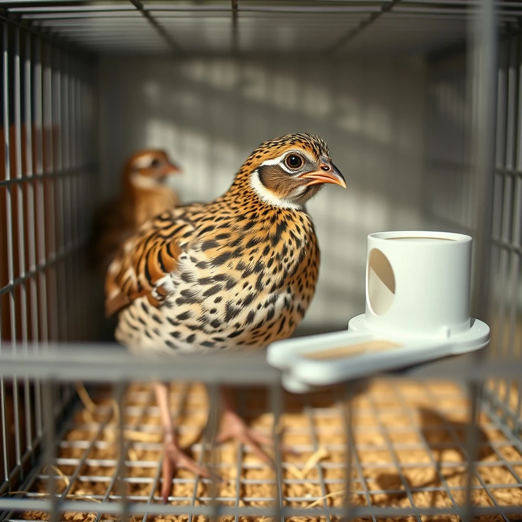 Coturnix quail in a clean wire cage with feeder, product photography