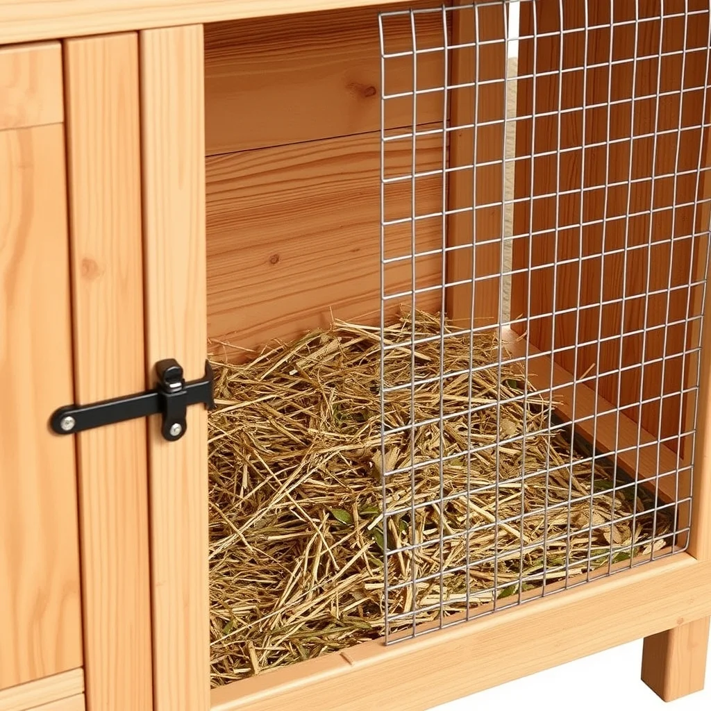 Well-built large outdoor rabbit hutch showing solid wood sleeping compartment, wire mesh run section, and raised legs, product photograph
