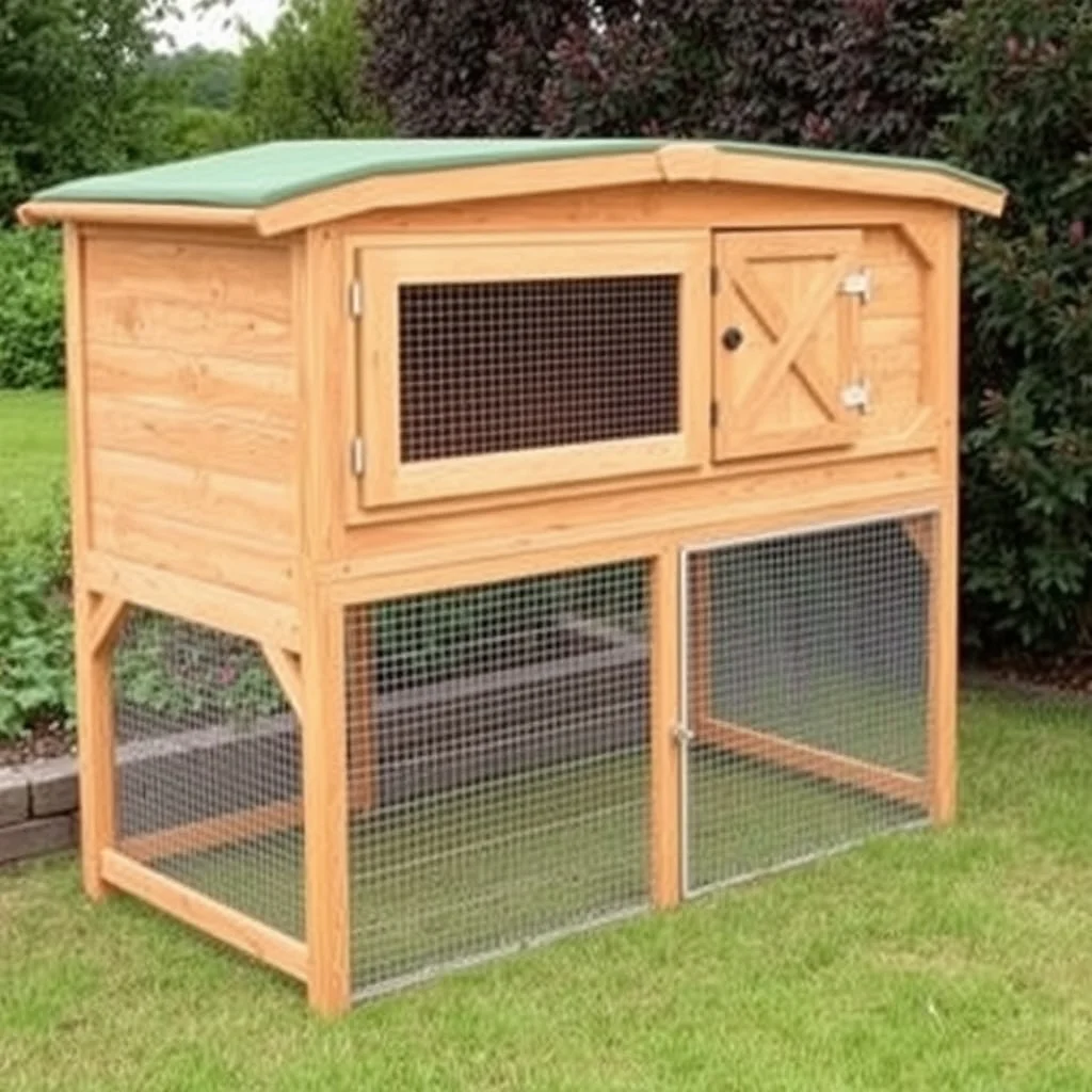 Large two-story wooden rabbit hutch with attached run, outdoor garden setting, product photograph