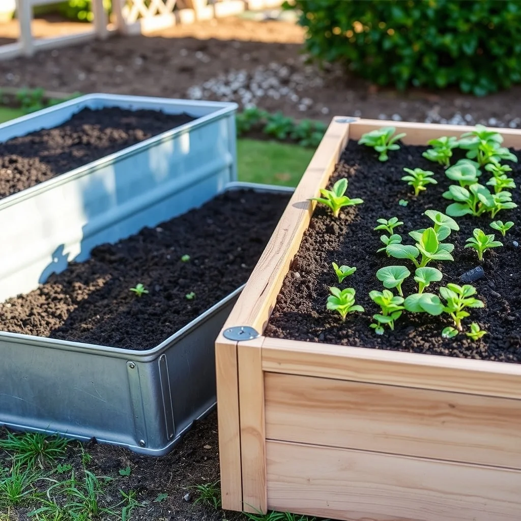 Raised garden bed product photograph showing galvanized steel corrugated bed filled with dark soil and vegetable seedlings from above