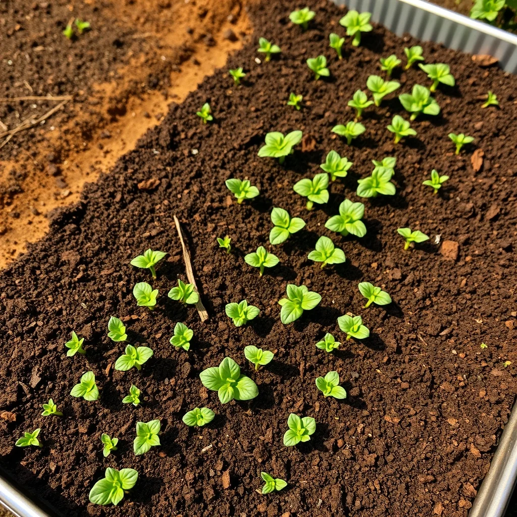 Galvanized metal raised garden bed filled with dark garden soil and green seedlings growing, overhead product photograph