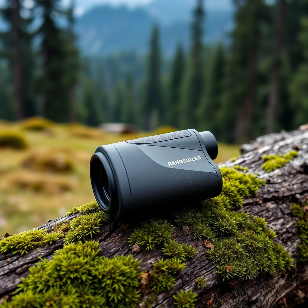 Rangefinder optic resting on a hunting pack in a mountain meadow, product photography