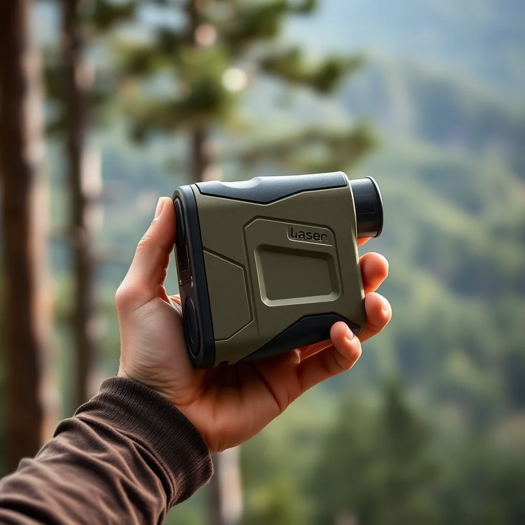 Laser rangefinder held in hand with forested hillside in background, product photography