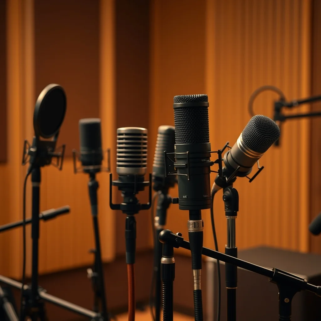 Collection of professional studio microphones on stands in a recording environment