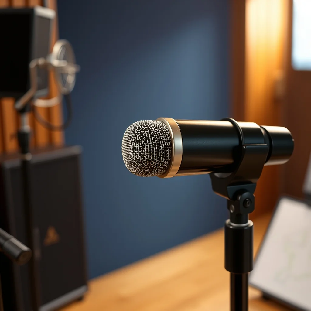 Large diaphragm condenser microphone on studio stand, product photograph