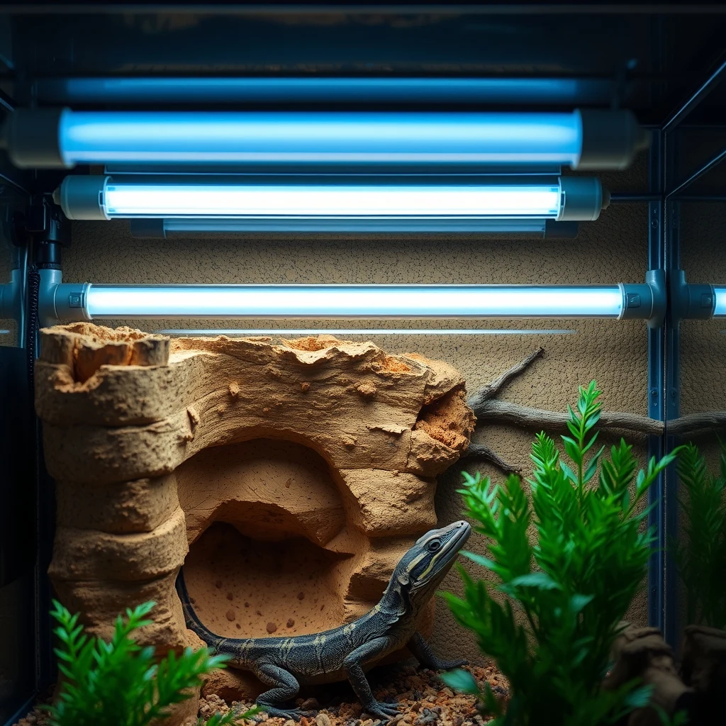 Reptile terrarium interior with heat lamp, UVB tube, cork bark hides and naturalistic substrate