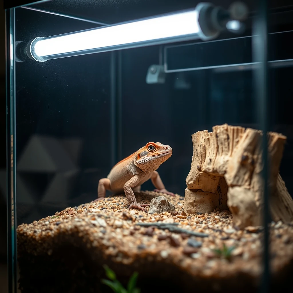 Reptile terrarium with heat lamp, UVB tube, and naturalistic substrate, product photography