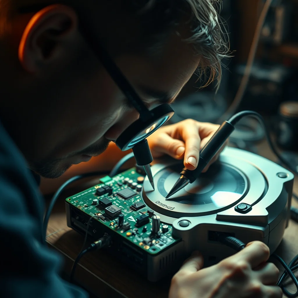 Person examining circuit board of retro Dreamcast game console with magnifying glass and soldering iron