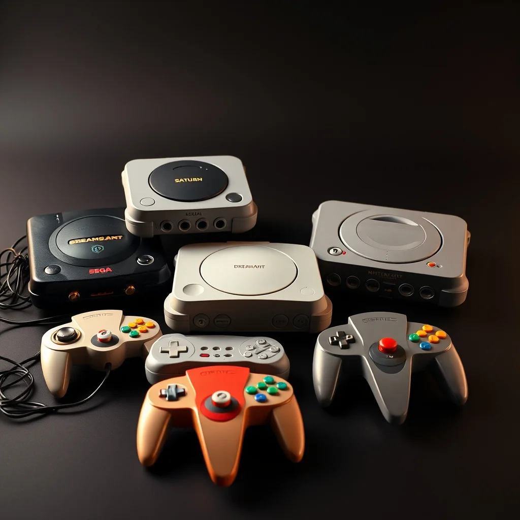 Classic retro gaming consoles Sega Saturn Dreamcast Nintendo 64 arranged with controllers, studio photograph