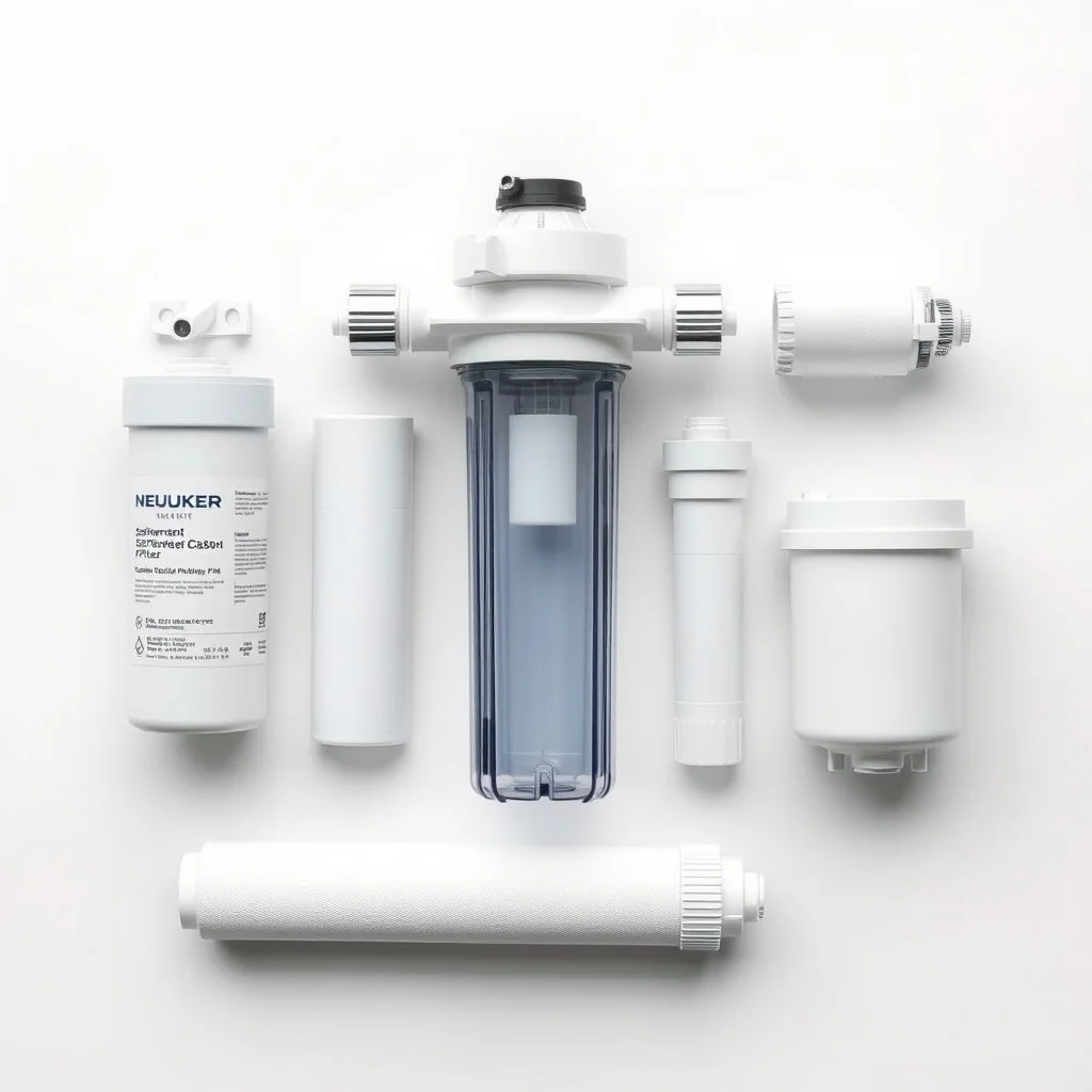 Reverse osmosis system with multiple filter stages installed under a kitchen sink, product photograph