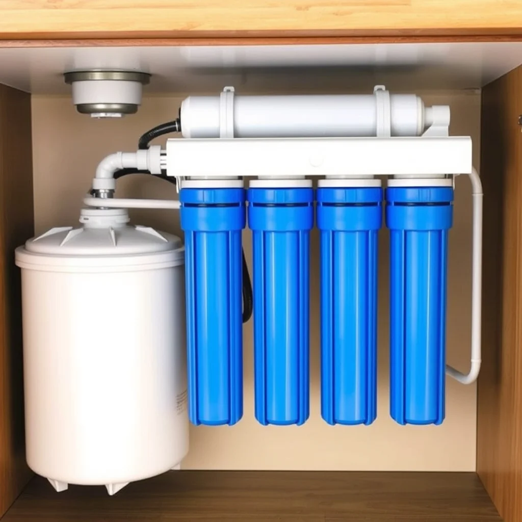 Under-sink reverse osmosis system with filters and storage tank, product photograph