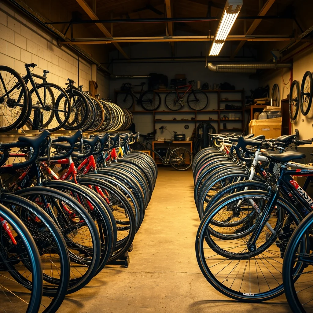 Road bicycle in workshop being inspected, close-up of carbon frame and groupset components, editorial photograph