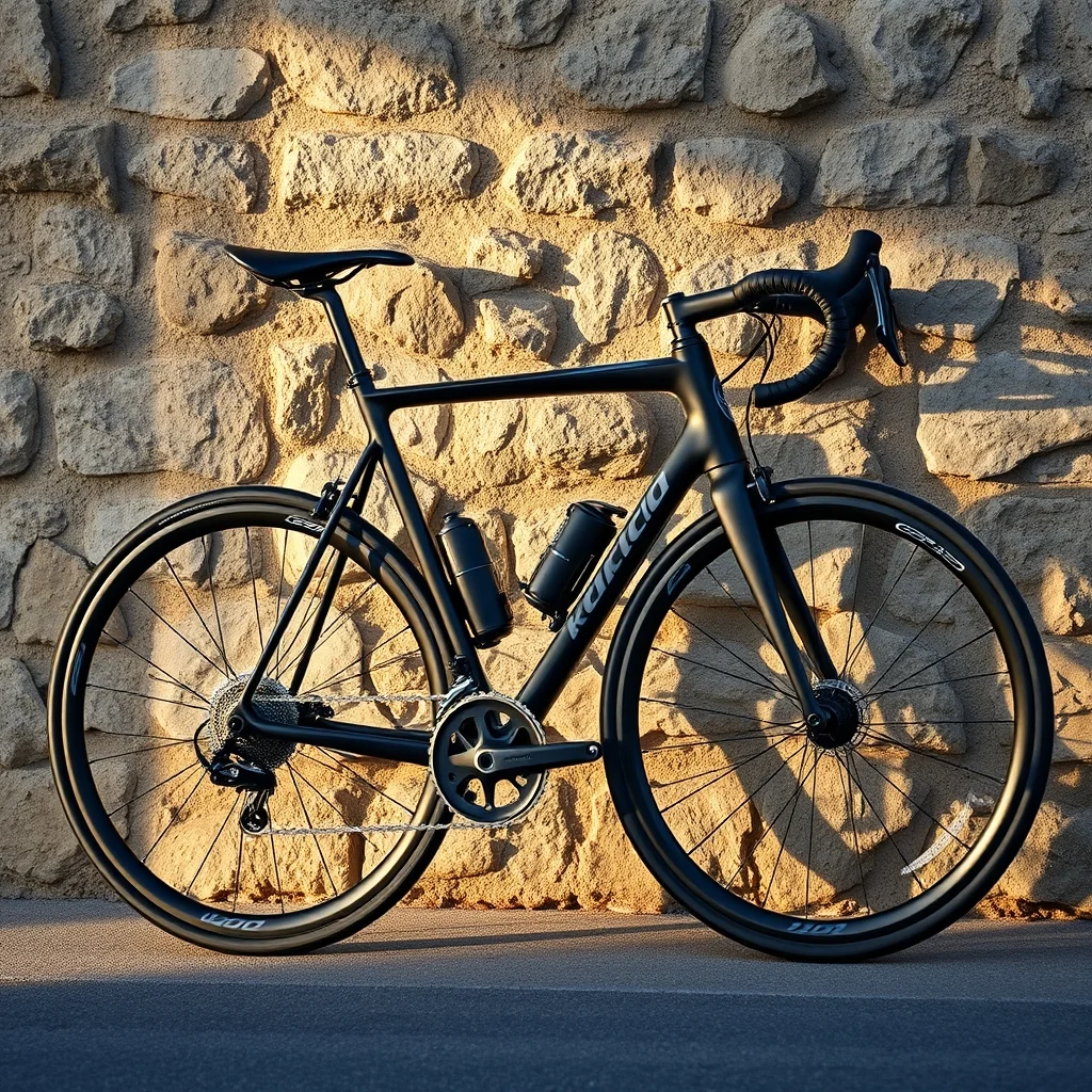 Road bicycle leaning against stone wall, editorial product photograph showing frame detail and drivetrain