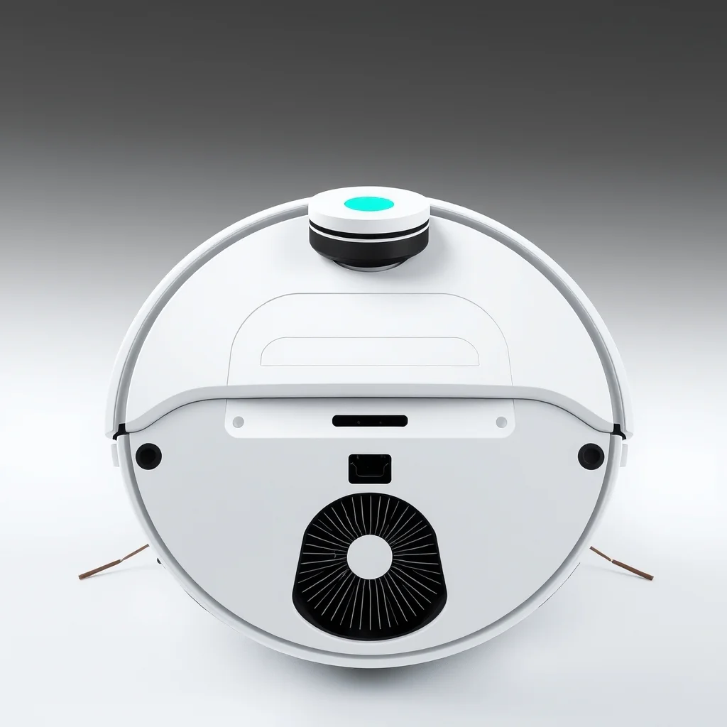 Robot vacuum on hardwood floor with its self-empty base station dock in the background