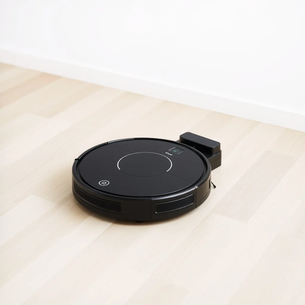 Round robot vacuum on clean hardwood floor next to its charging base station