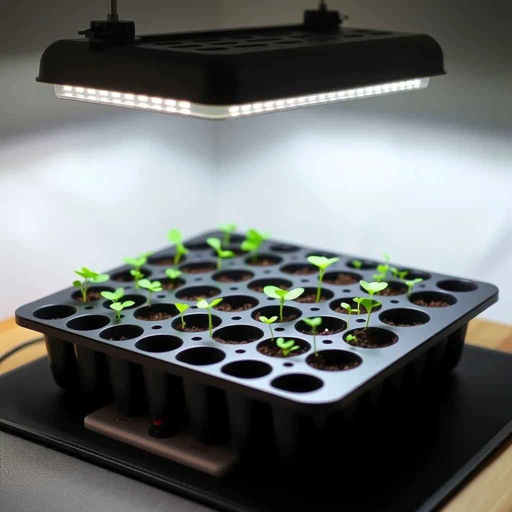72-cell seed starting trays with tomato and pepper seedlings under LED panel grow lights, heat mat and humidity dome visible, product photography