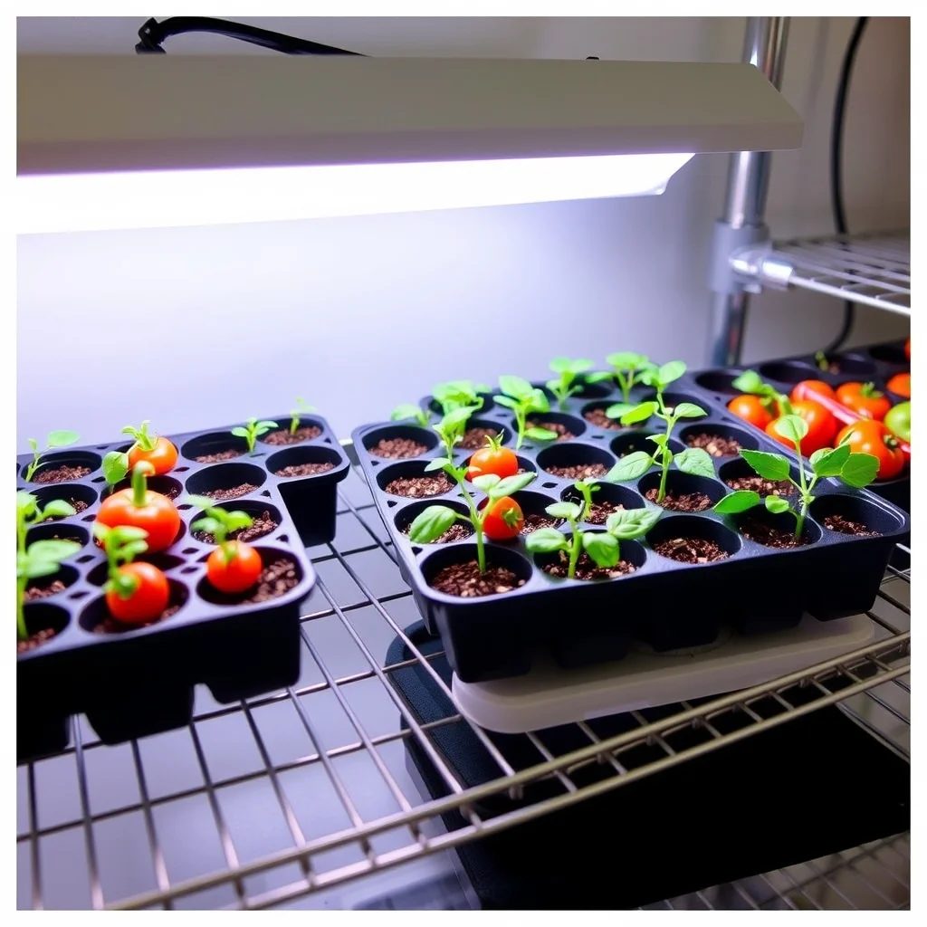 Seed starting trays with seedlings under LED grow lights on shelving, humidity domes visible, product photography