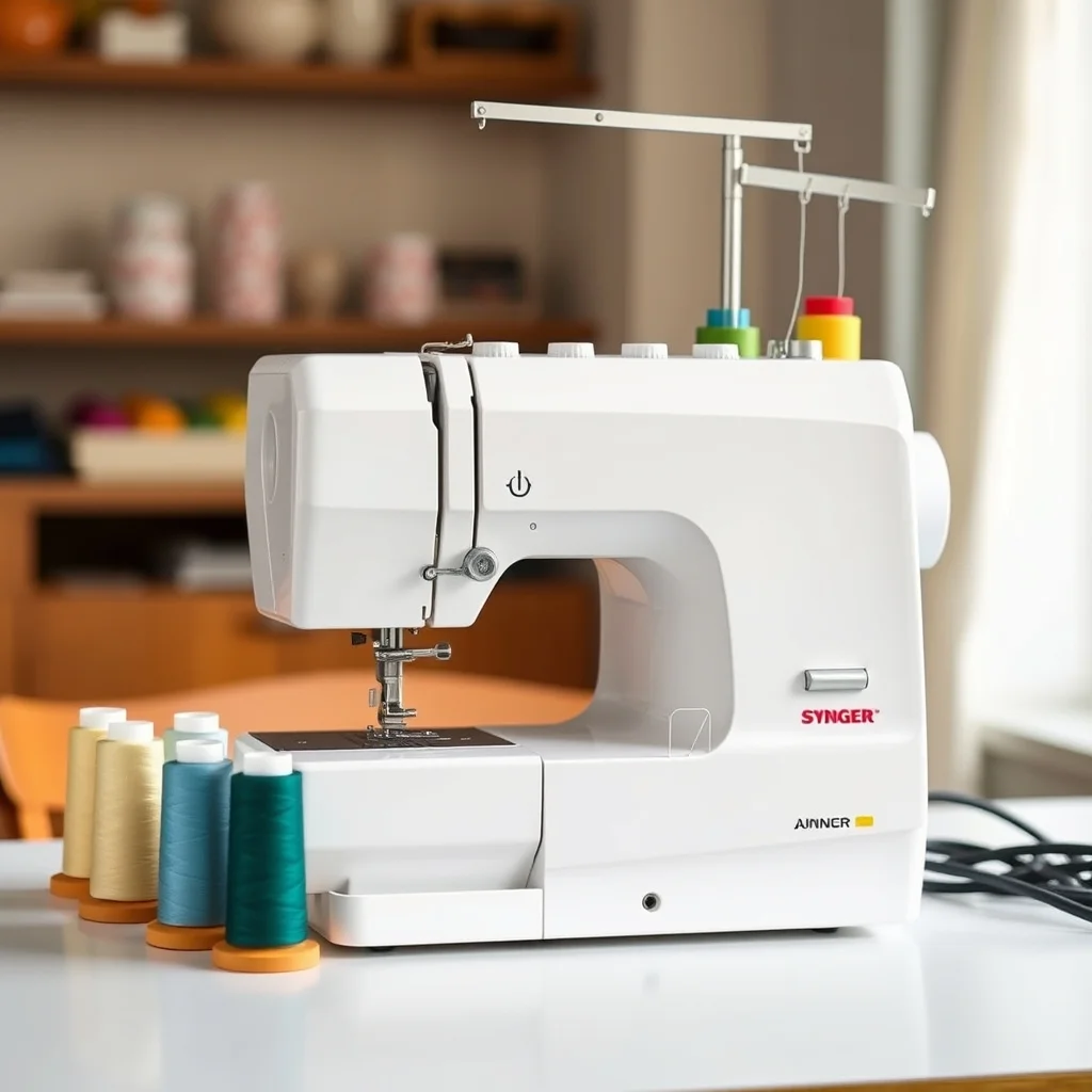 Serger overlock machine with colorful thread cones, close-up product photograph