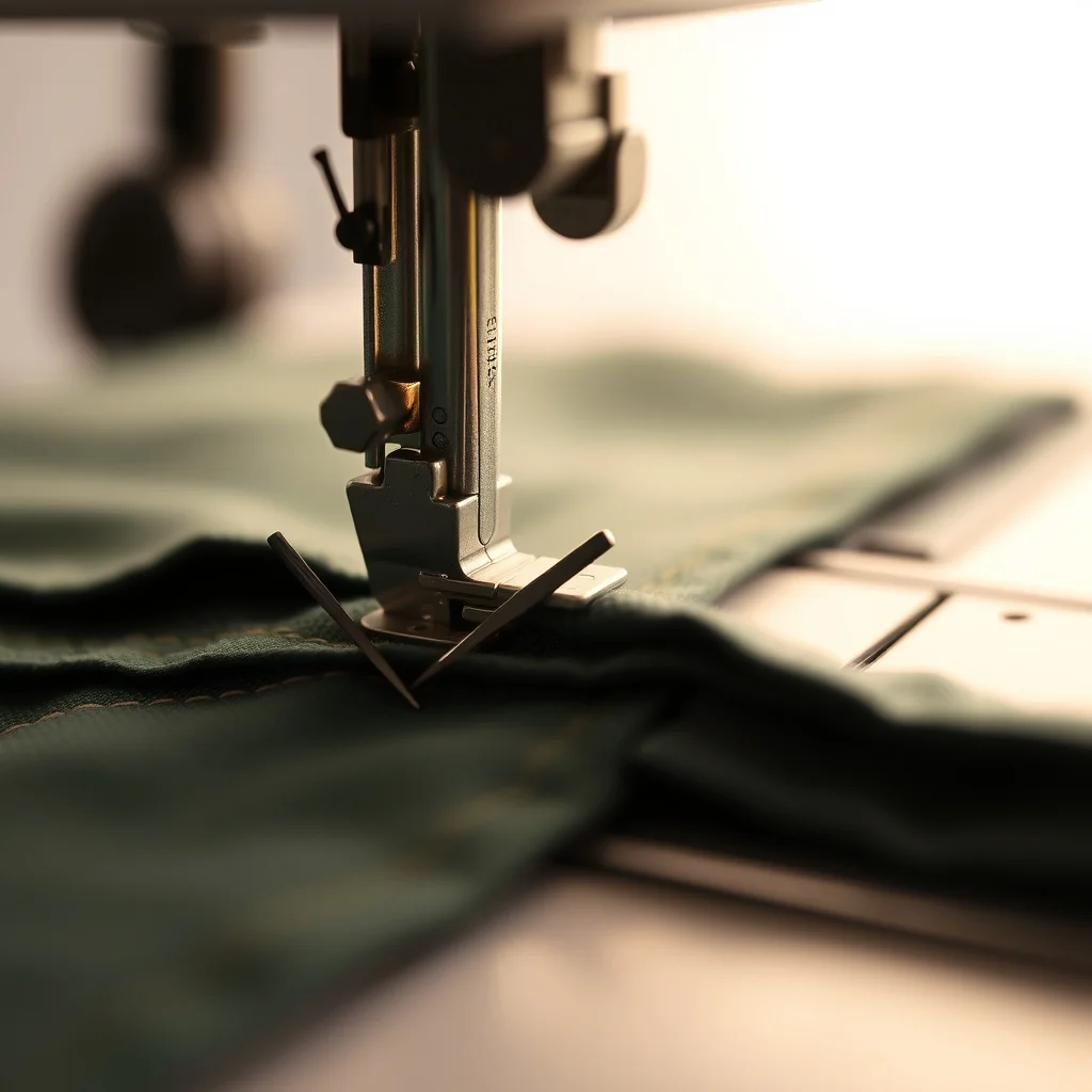 Sewing machine with presser foot on fabric, close-up product photograph