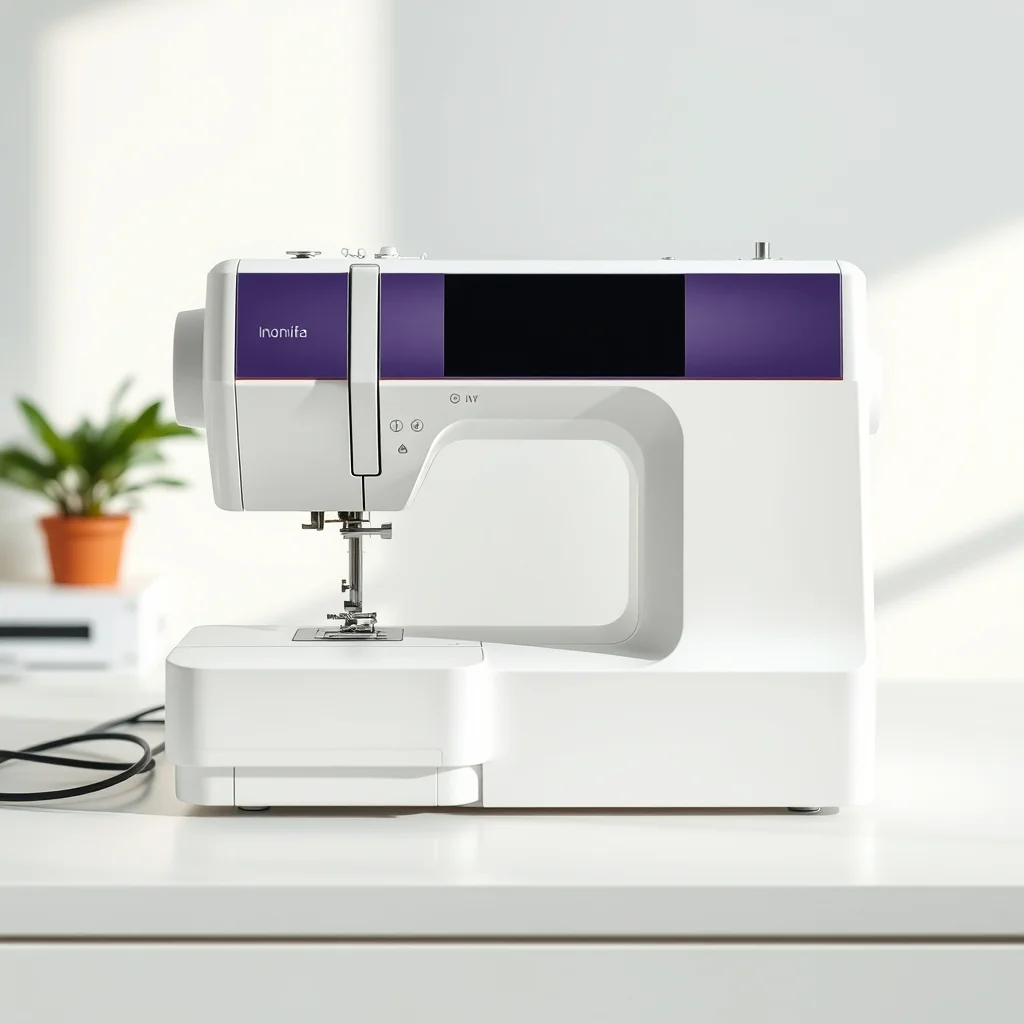 Sewing machine on a wooden worktable, close-up product photograph