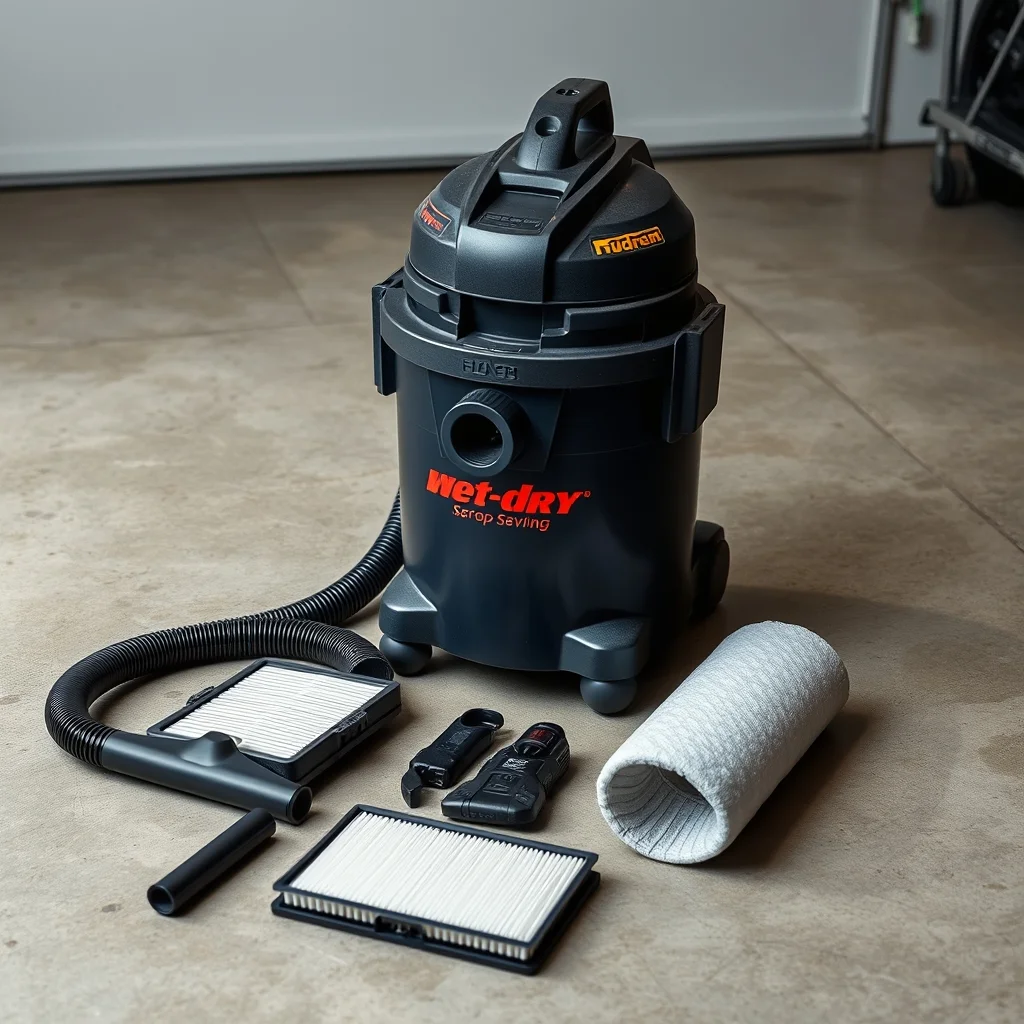 Wet-dry shop vacuum with accessories on garage floor, product photograph