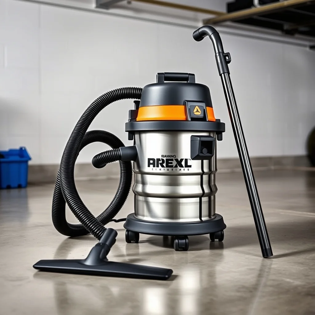 Shop wet-dry vacuum with hose and accessories on garage floor, product photograph