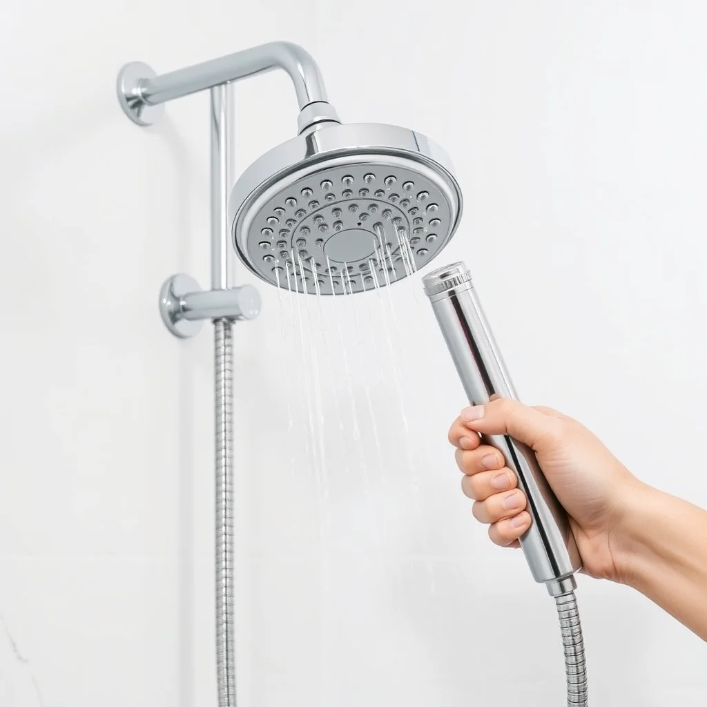 Handheld showerhead with flexible hose on chrome holder, product photography
