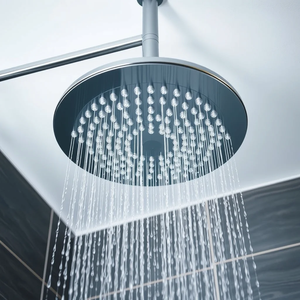 Large rain showerhead mounted on ceiling, clean product photography