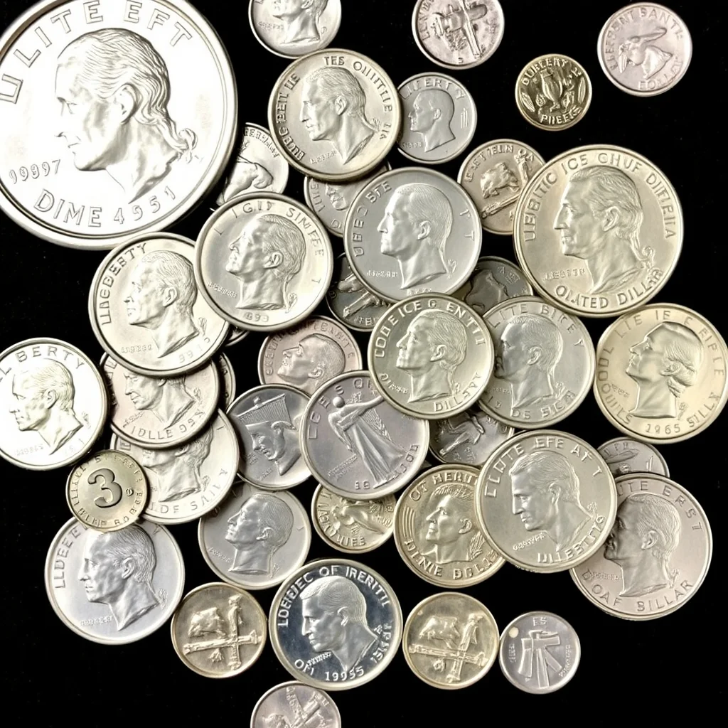 90% pre-1965 US silver coins spread on dark background, numismatic scale visible