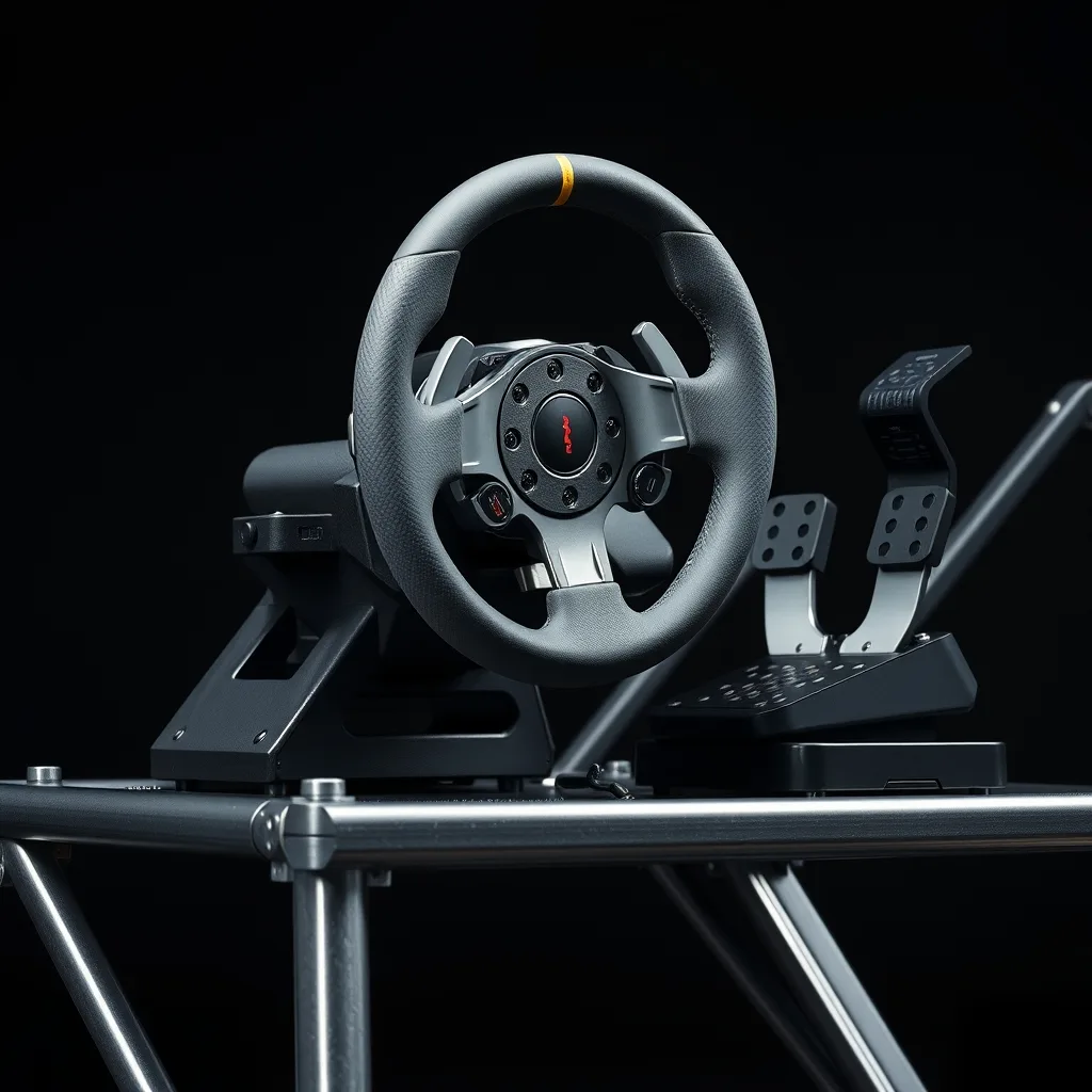 Sim racing direct drive wheel base mounted on an aluminum extrusion rig with load cell pedals, product photography
