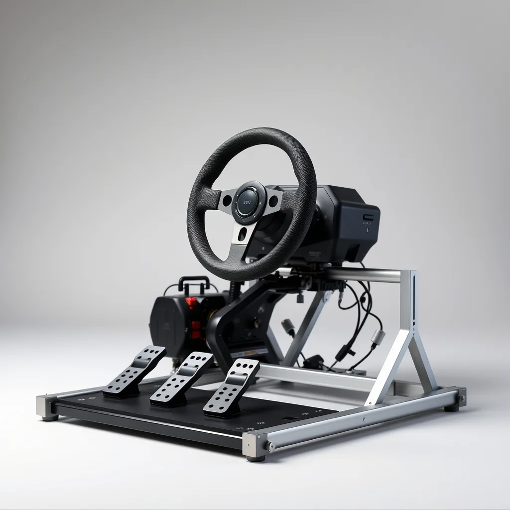 Sim racing cockpit with direct drive wheel base and load-cell pedal set on a steel rig frame, product photography