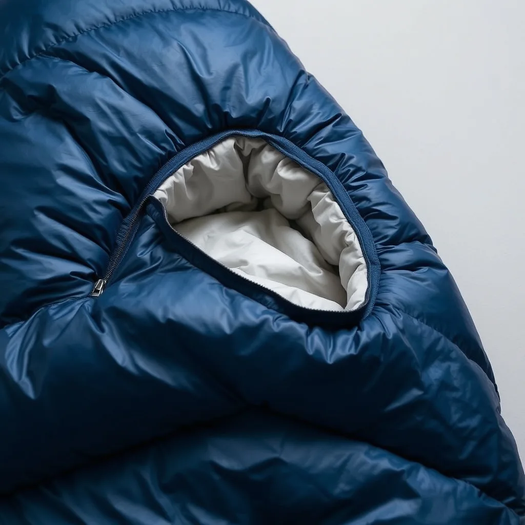 Down mummy sleeping bag partially unzipped showing loft, product photography on neutral background