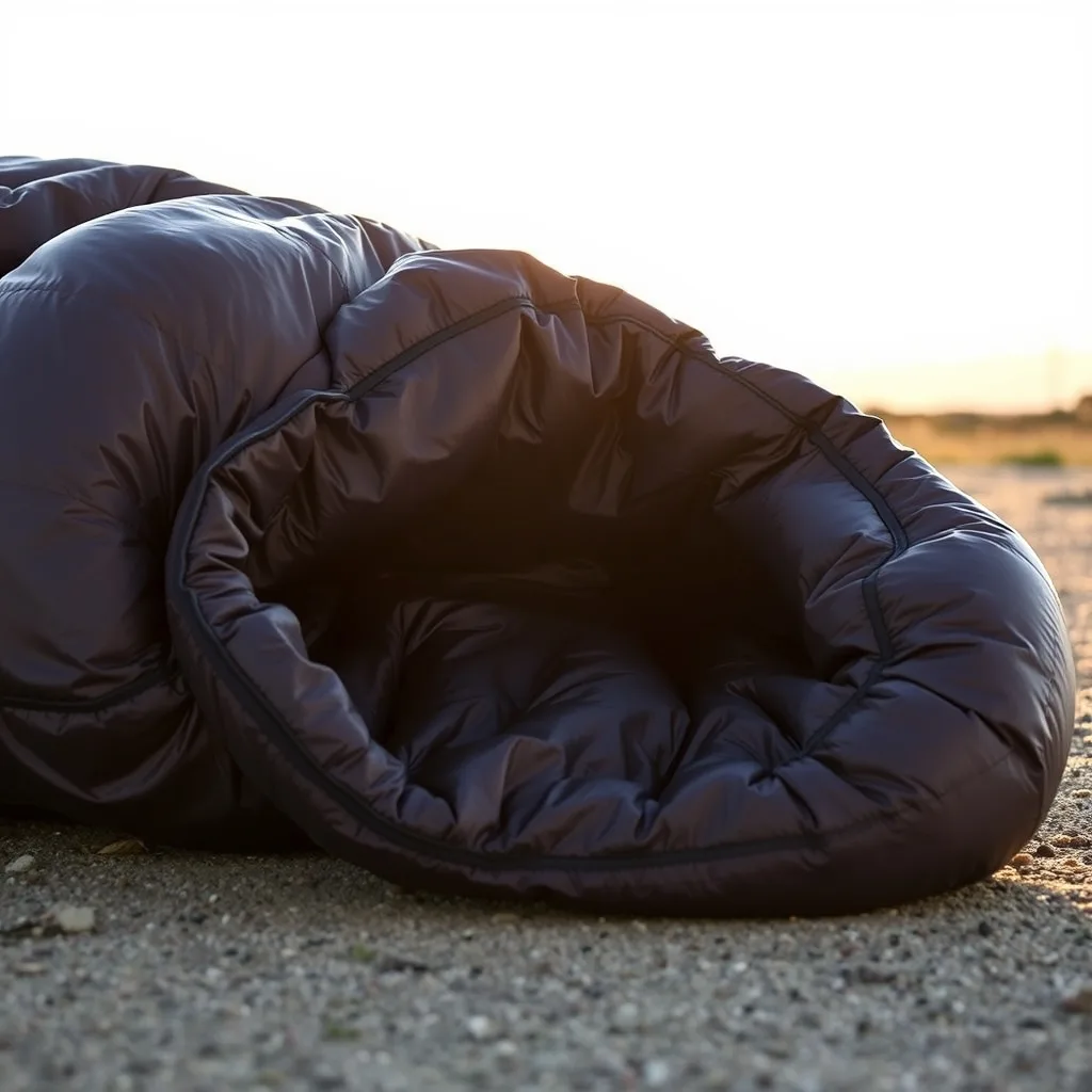 Mummy sleeping bag with down fill laid out on a campsite mat, product photography