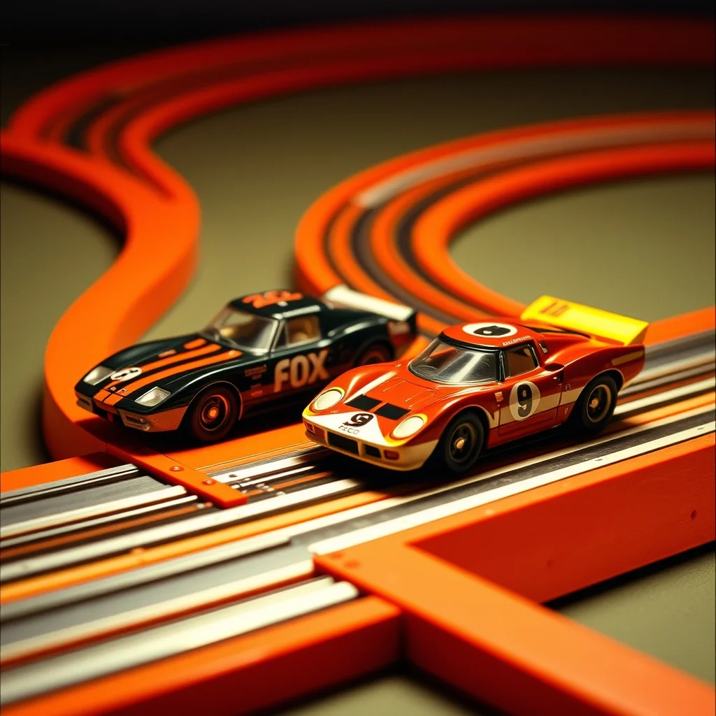 Vintage Aurora AFX slot cars on HO scale track, editorial product photograph
