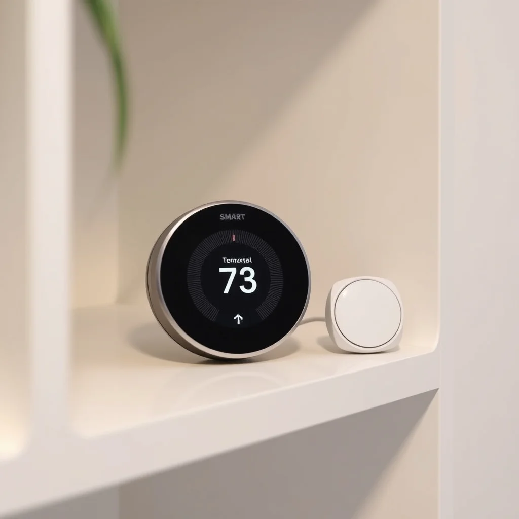 Smart thermostat and remote sensor placed on shelf showing temperature readings, product photography