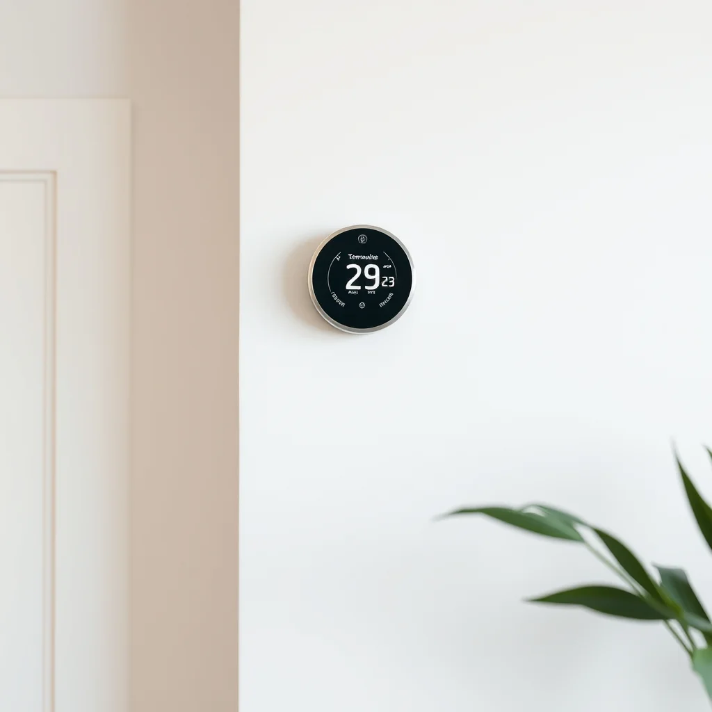 Smart thermostat mounted on white wall showing temperature display, product photography