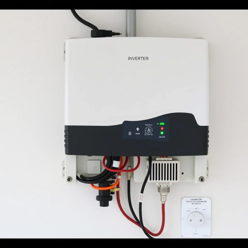 Solar inverter mounted on wall with wiring, product photography with warm lighting