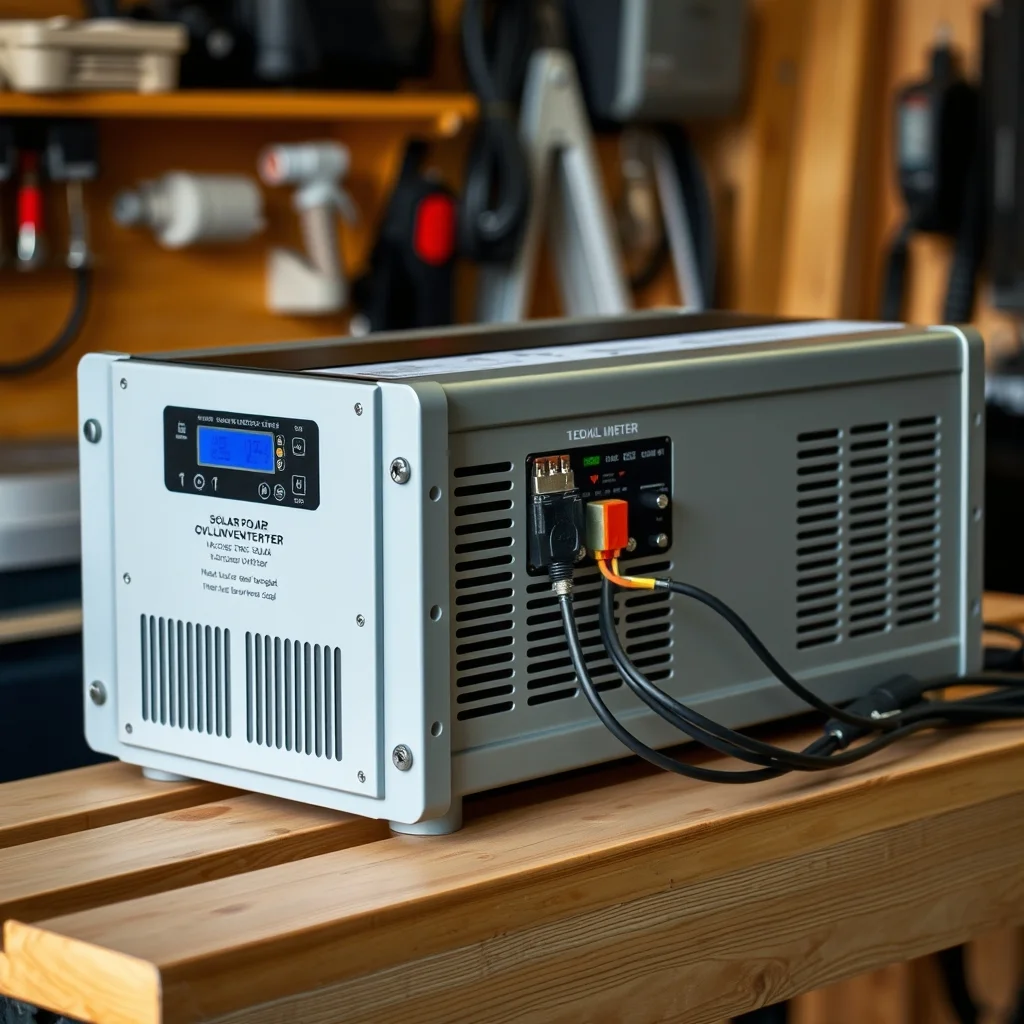 Solar power inverter unit on a wooden workbench with DC cables, product-photography style