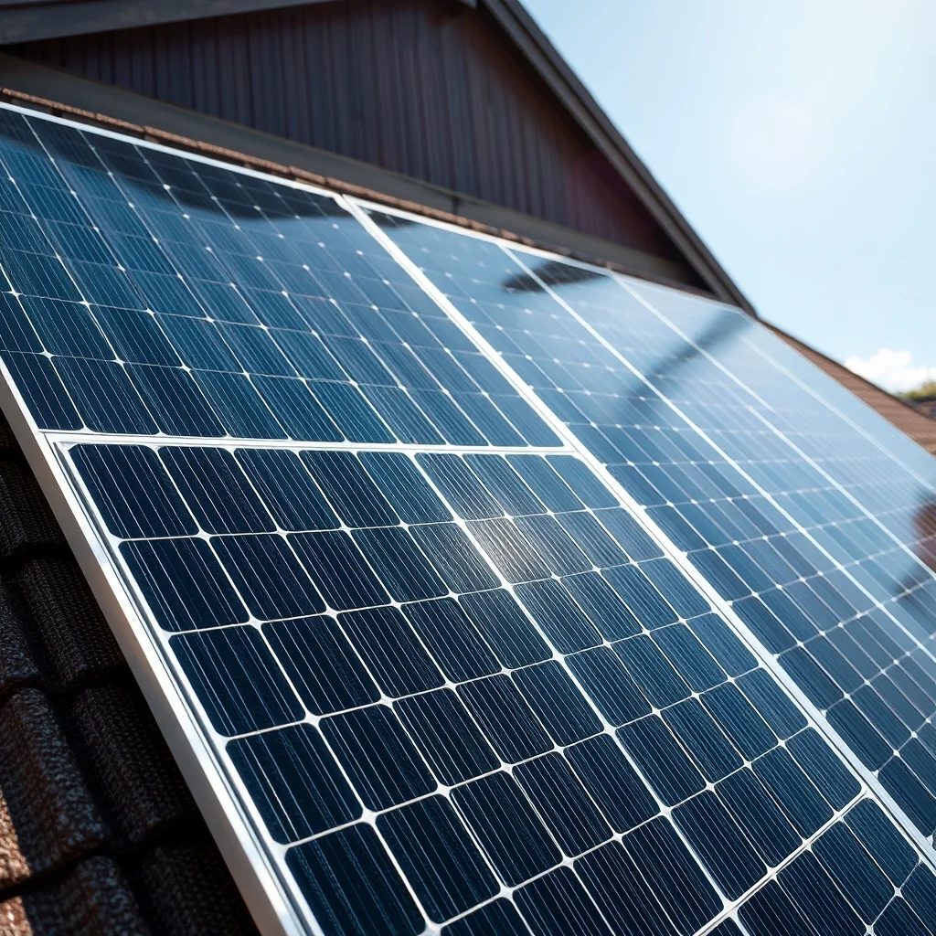 Monocrystalline solar panels installed on a roof in bright sunlight, product-photography style