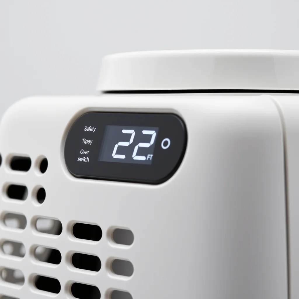 Ceramic tower space heater with digital display and safety tip-over switch visible
