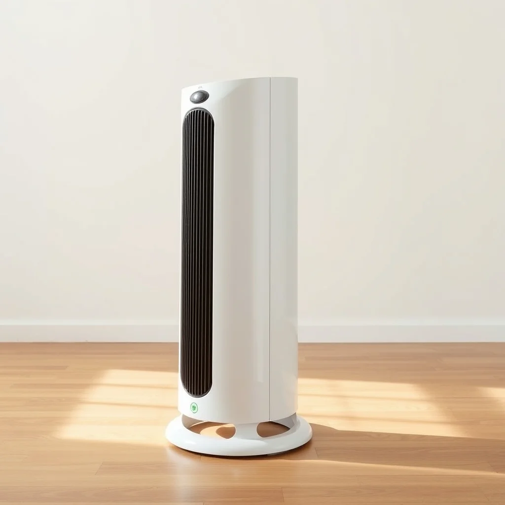 Ceramic tower space heater on a hardwood floor in a living room, product photography