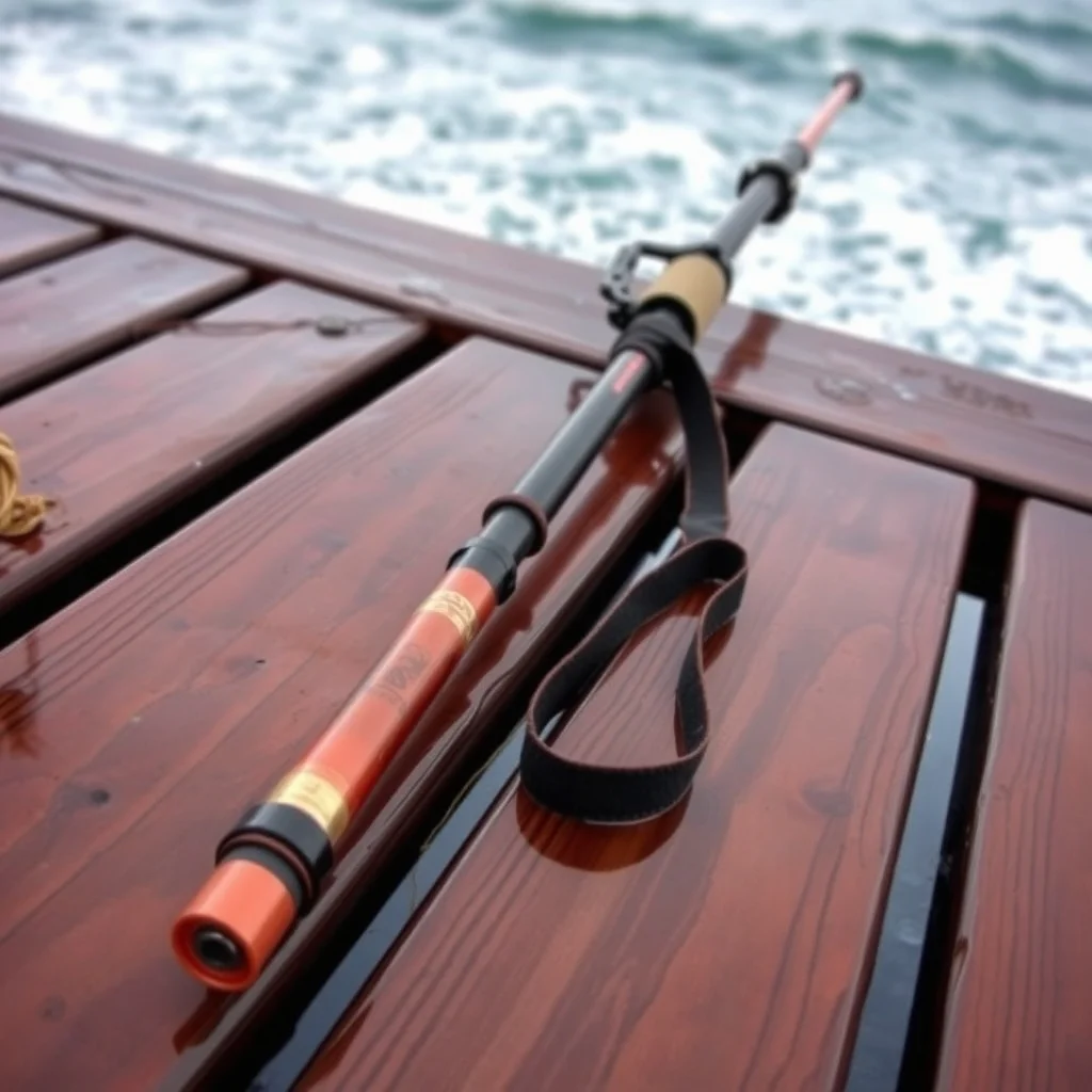 Spearfishing speargun with rubber band and stainless shaft resting on wooden dock beside folded wetsuit and long freediving fins, product photograph
