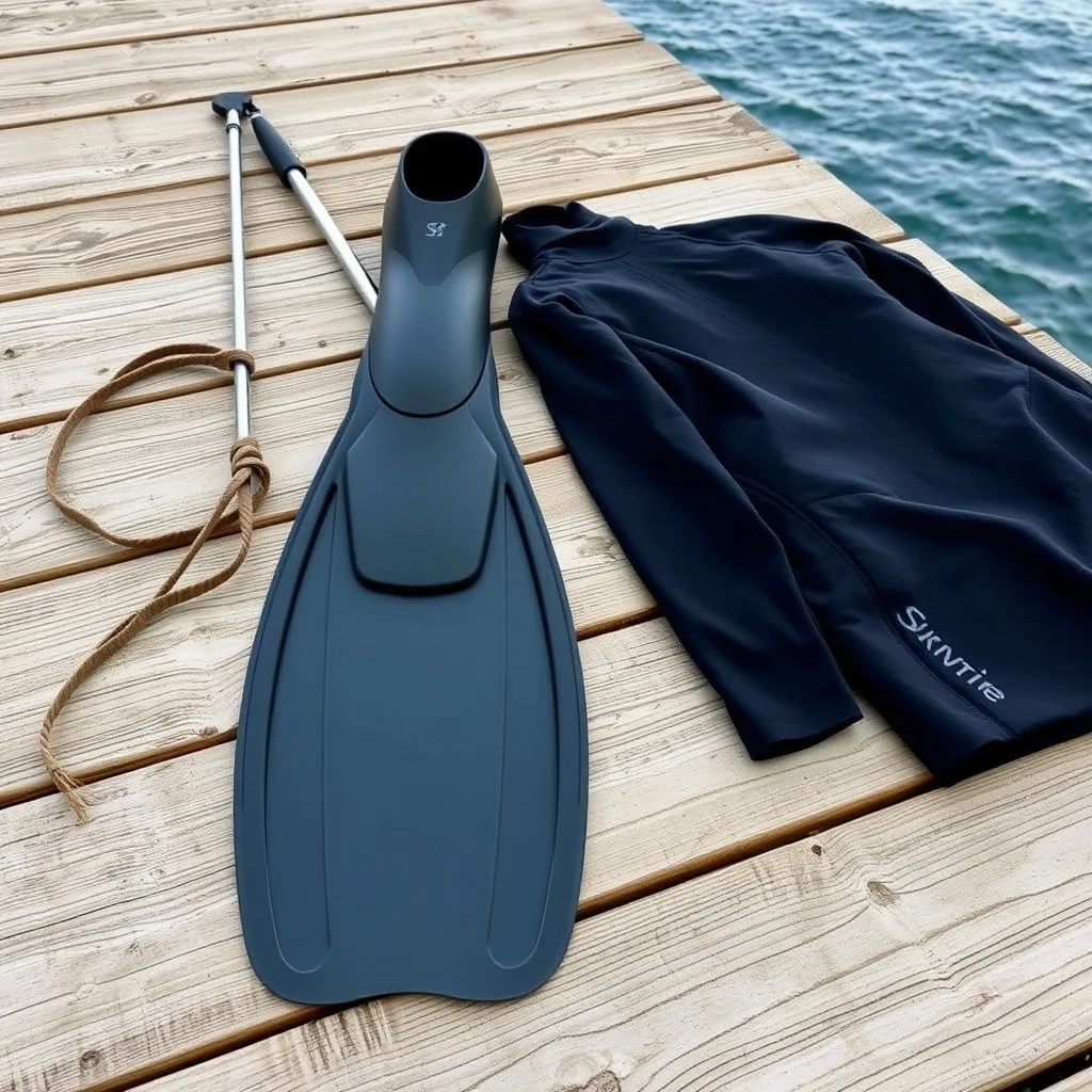 Speargun with stainless steel shaft and rubber band, wetsuit and long-blade freediving fins arranged on wooden dock, product photograph
