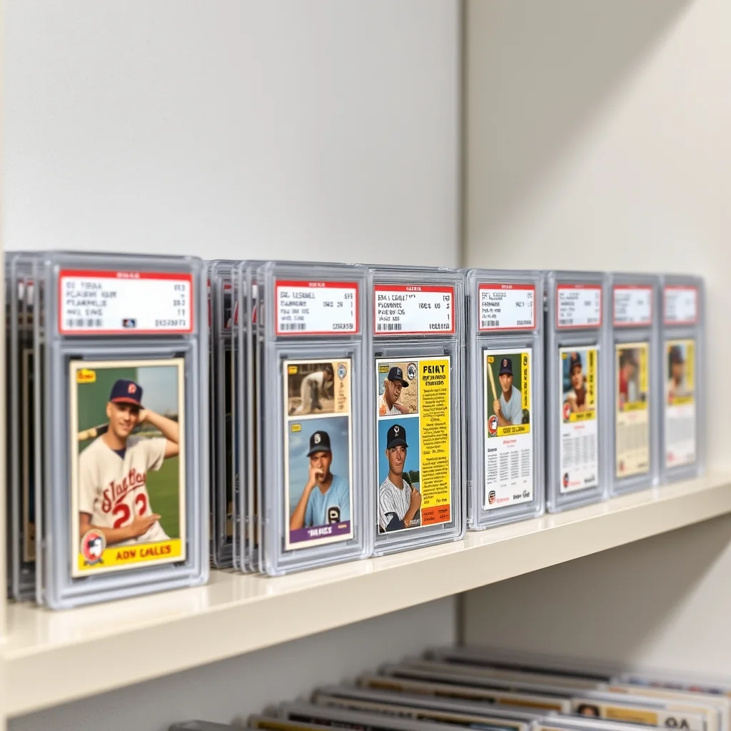 Row of PSA-graded vintage baseball card slabs on display shelf, product photograph