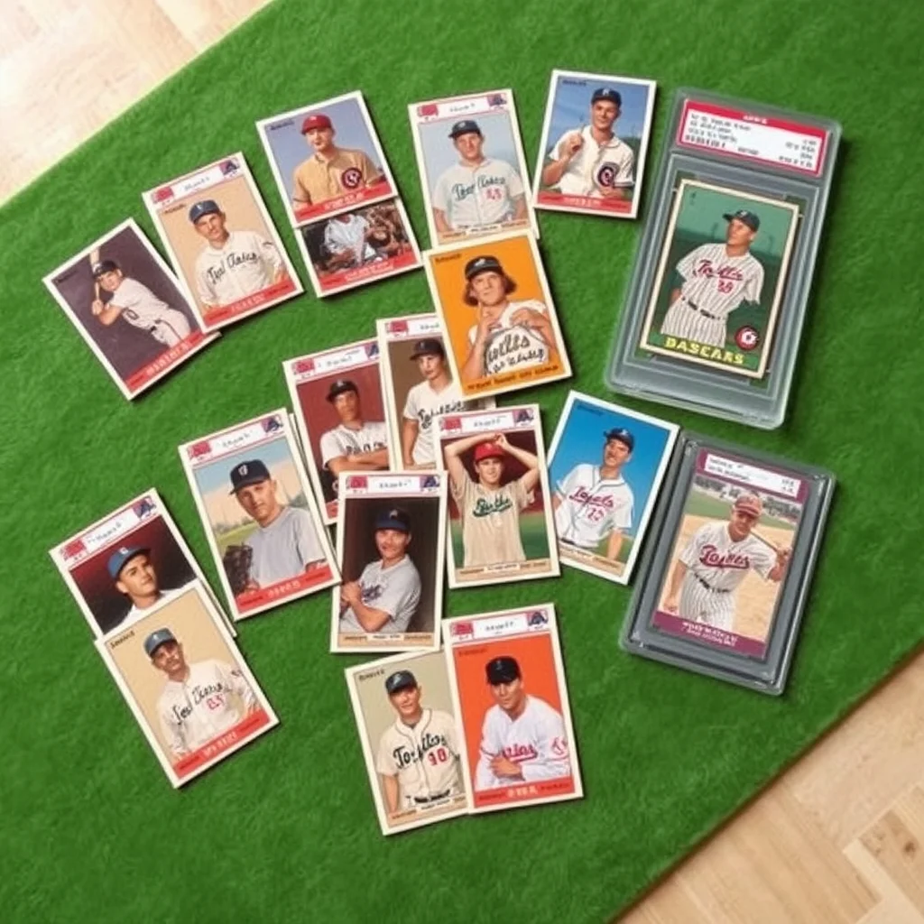 Vintage baseball cards spread on green felt surface showing T206 and early Topps cards, product photograph