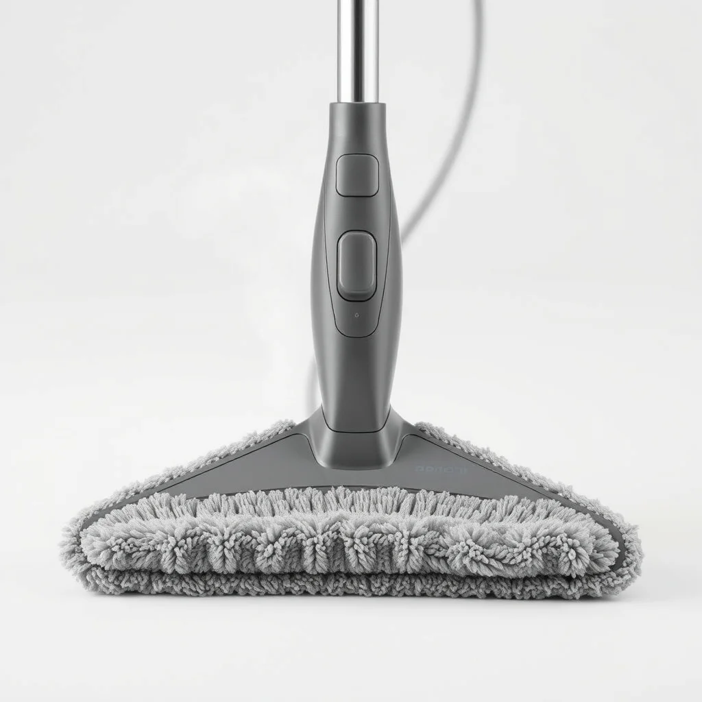 Steam mop head with microfiber pad close-up, steam rising, product photography