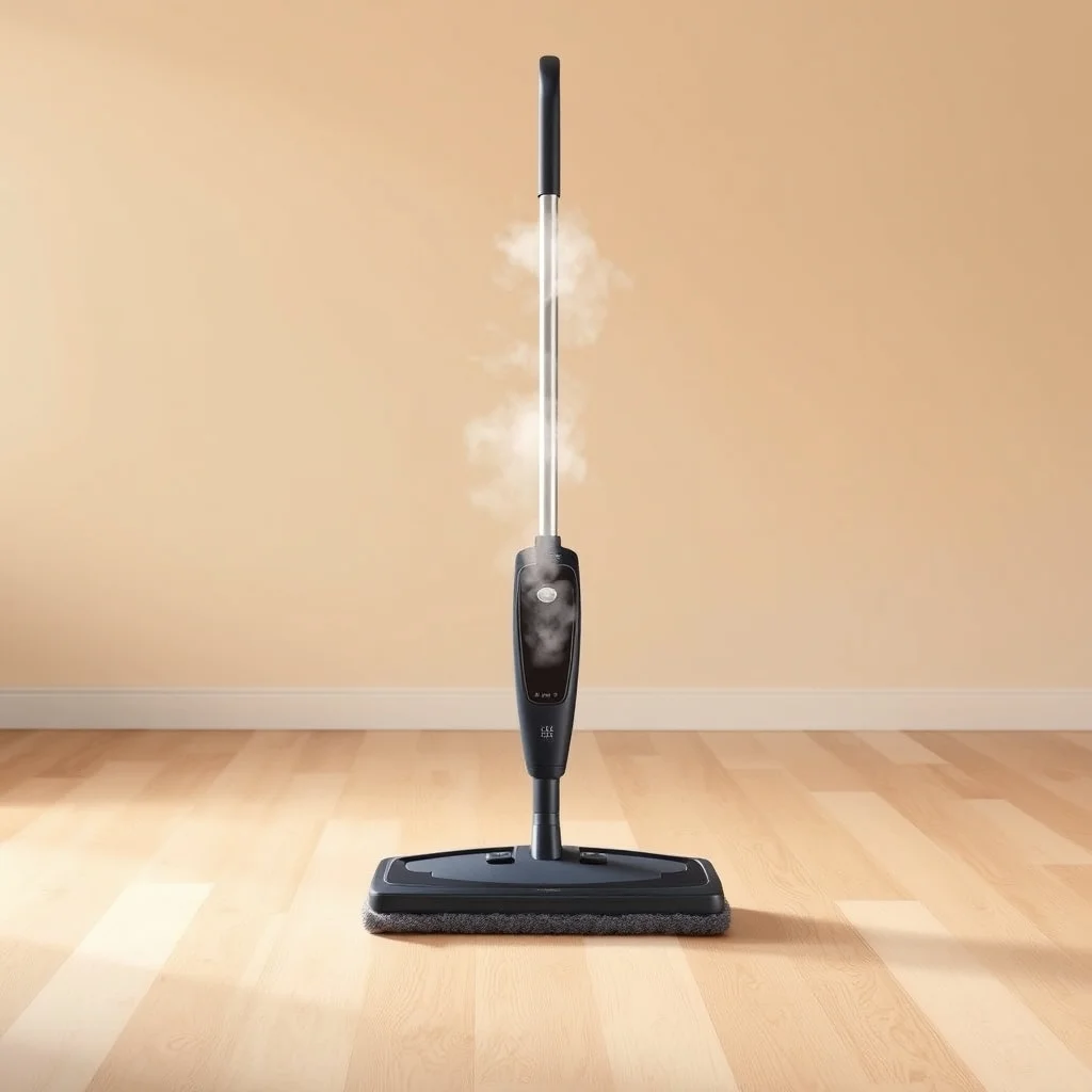 Steam mop on hardwood floor with steam visible, product photography
