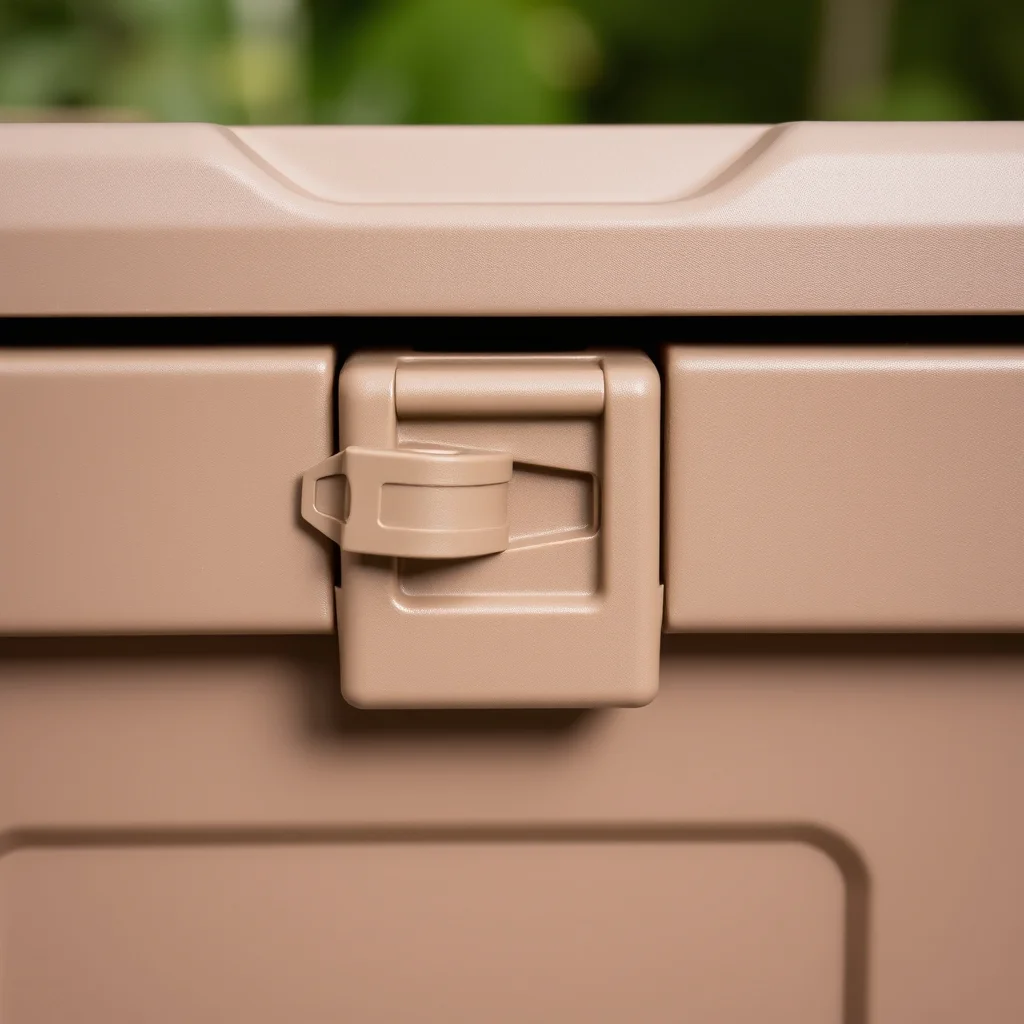 Close-up of weatherproof storage tote lid seal and latch mechanism showing rubber gasket detail